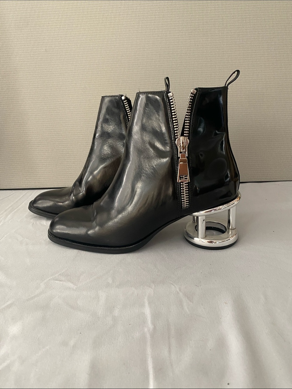 Jeffrey Campbell Black Patent Ankle Boots with Sculptural Silver Heel